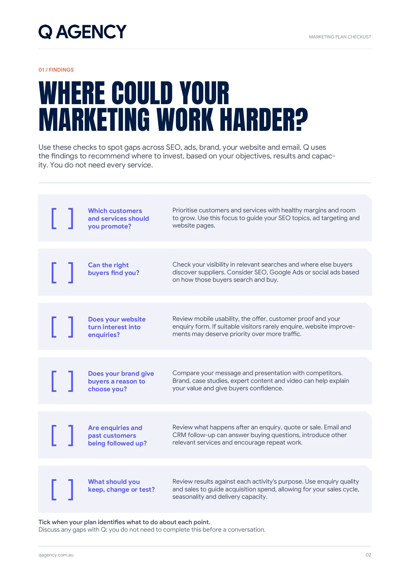 The checklist's findings page: 6 checks on where your marketing could work harder